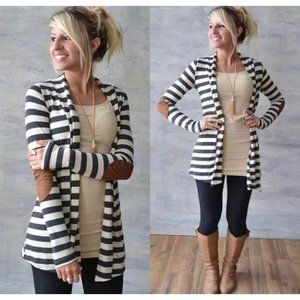 Gray & White Striped Cardigan with Elbow Patches Sz L